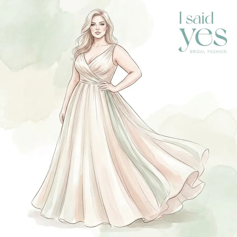 Aquarell-Illustration einer kurvigen Braut im fließenden Brautkleid