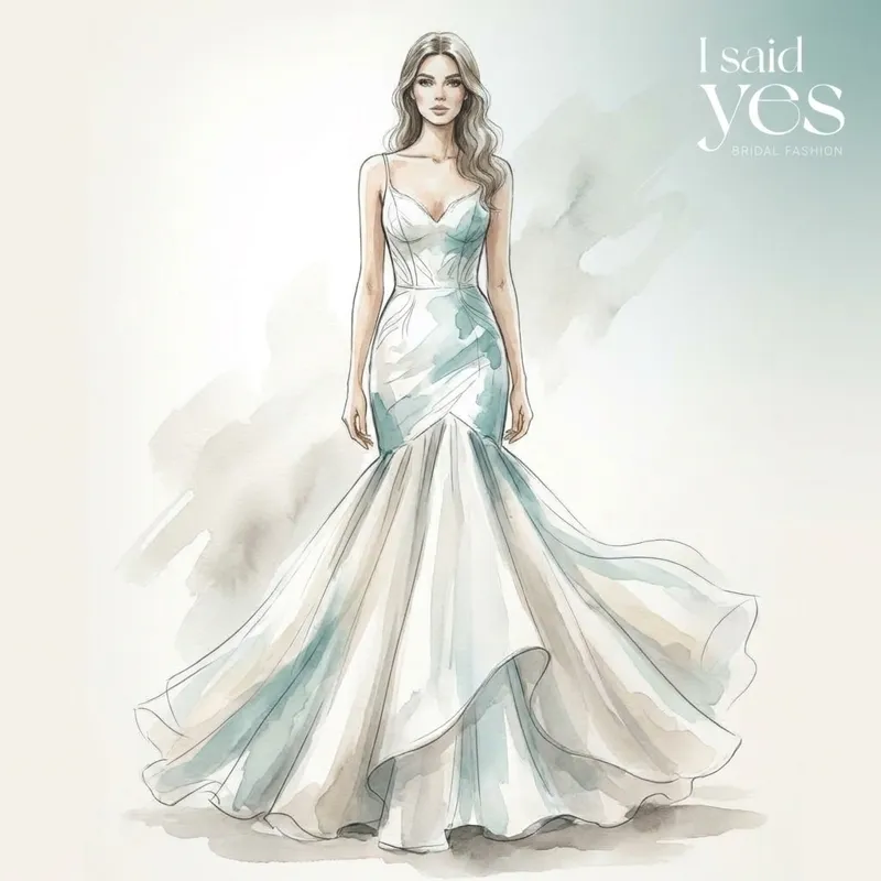 Aquarell-Illustration eines Fit-and-Flare-Brautkleids mit Schwung ab dem Knie