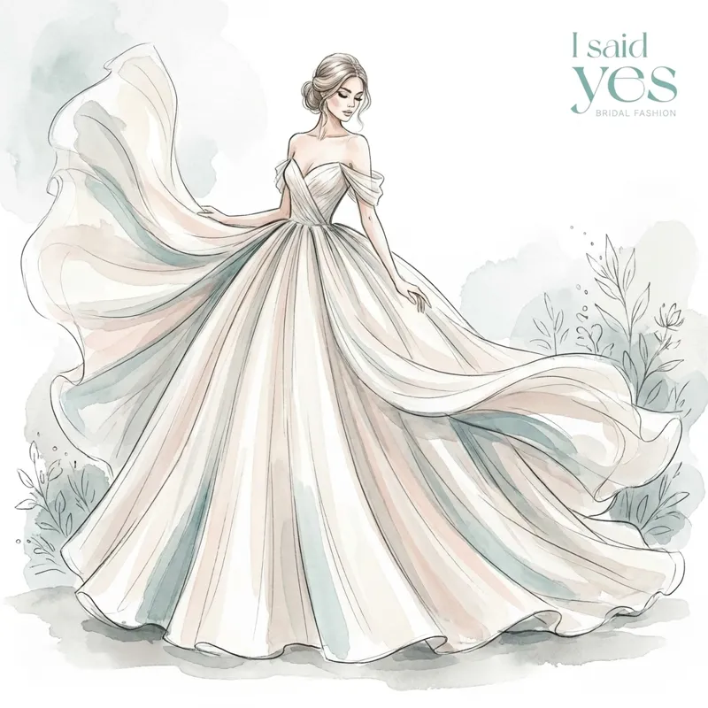 Aquarell-Illustration eines Prinzessinnen-Brautkleids mit großem Rock